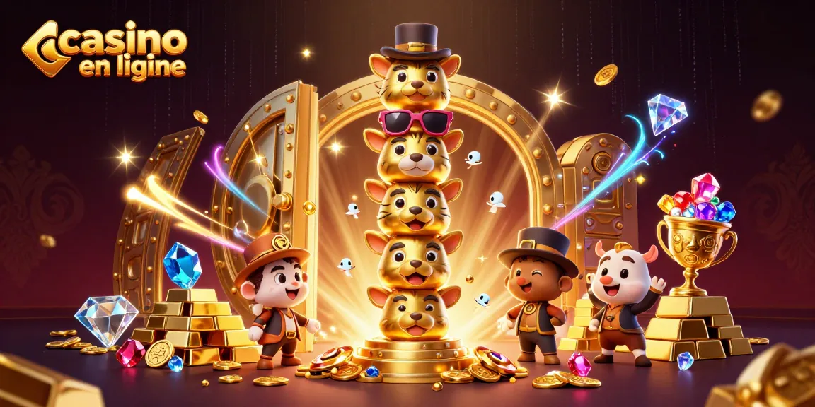 Illustration animée de casino en ligne avec un totem, des trésors et l'énergie des jeux.