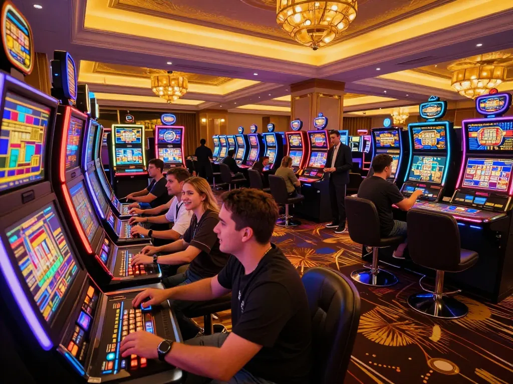 Players engaging with exciting slot machines at a vibrant casino, showcasing thrilling gaming moments.