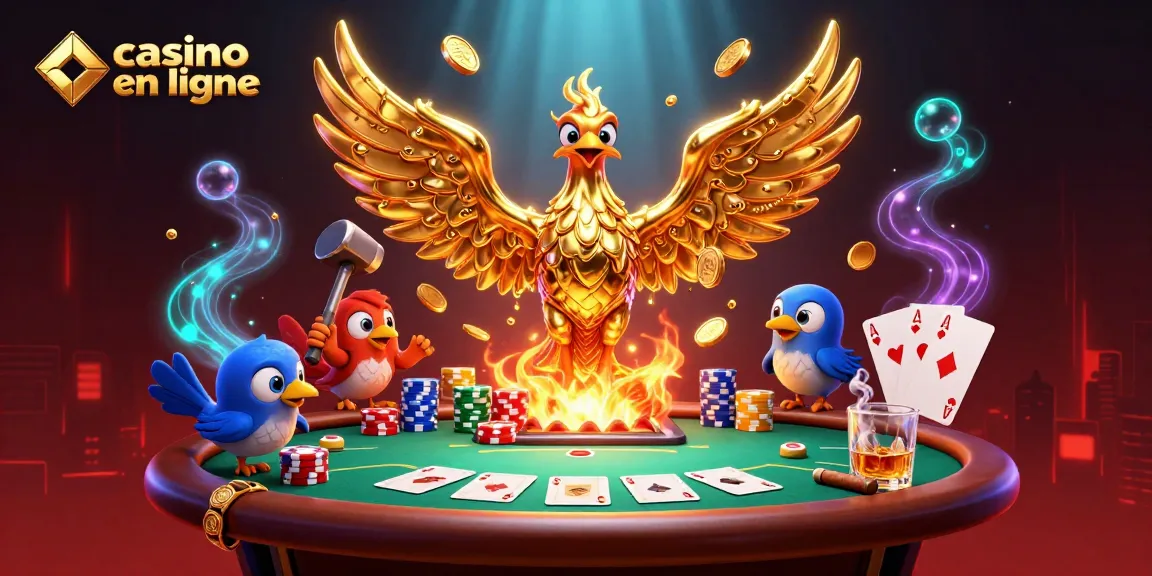Illustration captivante de jeux de casino en ligne avec un phoenix doré et accessoires de poker.