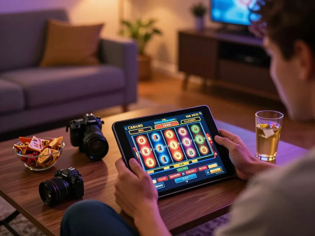 Player engaging with paris888 online slots in a cozy home setting, showcasing responsible gaming practices.
