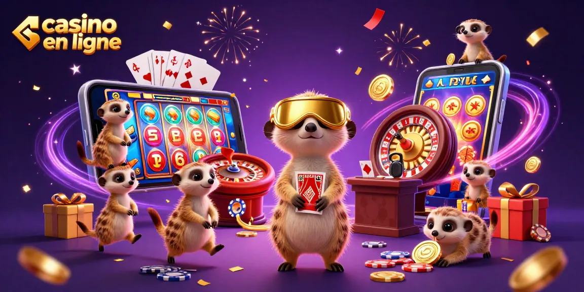 Casino en ligne amusant avec des suricates gérant des jeux et des jetons dispersés.