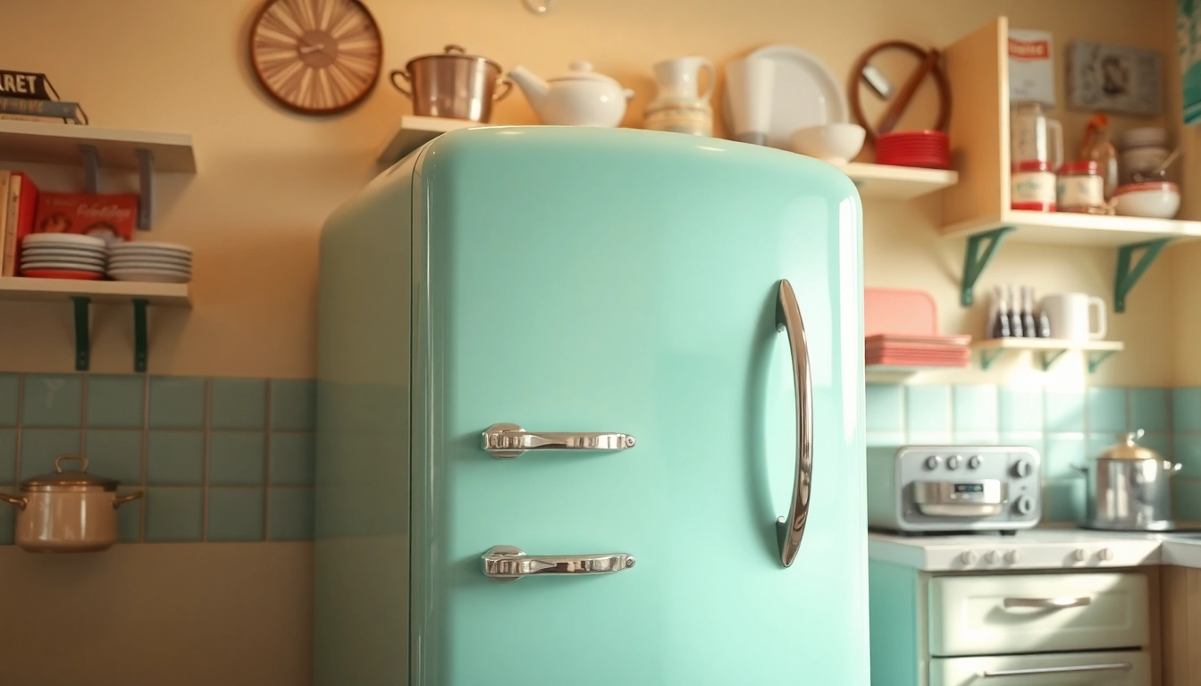 A retro appliance, a mint green refrigerator, stands in a vintage kitchen, radiating nostalgia.