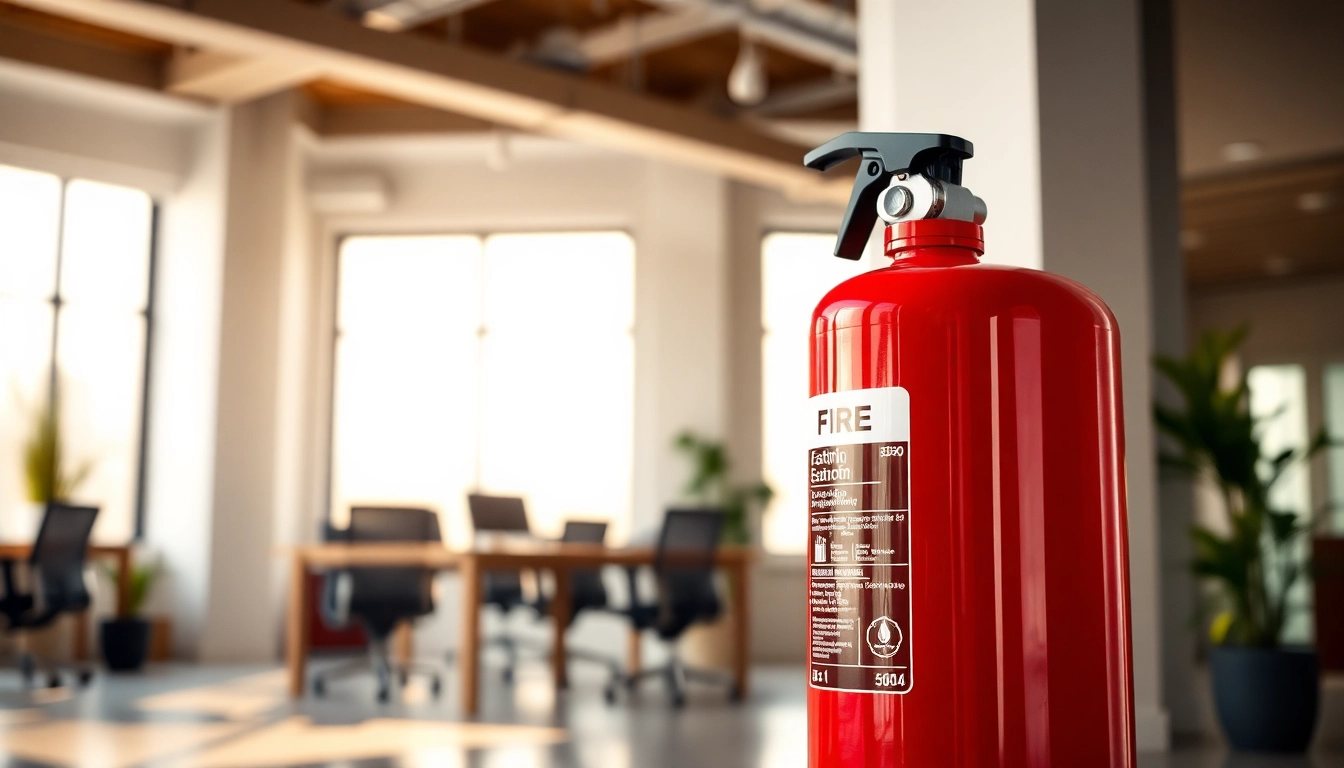 Securely mounted electrical fire extinguisher in an office, emphasizing safety and readiness.