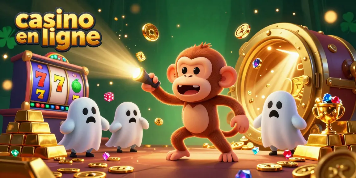 Illustration riche d'un casino en ligne avec un singe poltergeist jonglant et un chiot chasseur de fantômes.