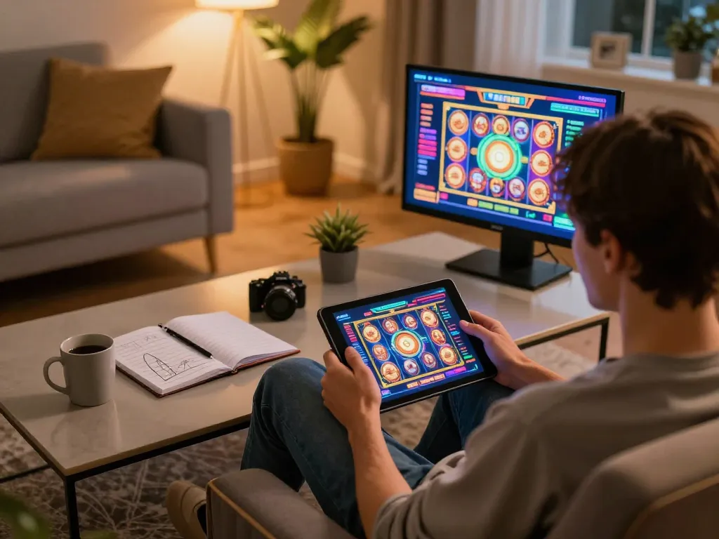 Engaging scene of online casino gaming with สล็อตวอเลท displayed on tablet in a cozy home setting