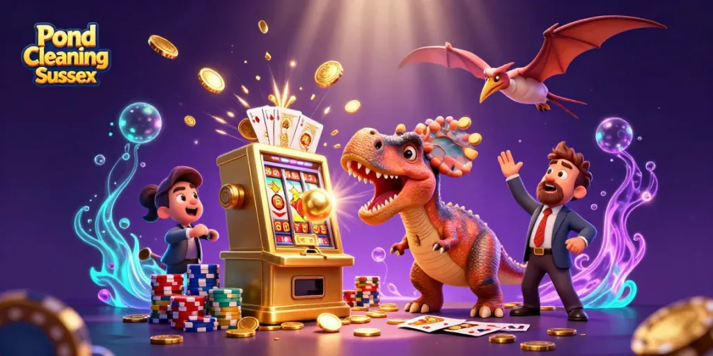 Pond Cleaning Sussex features cartoon dinosaurs in a casino scene, winning coins from a slot machine.