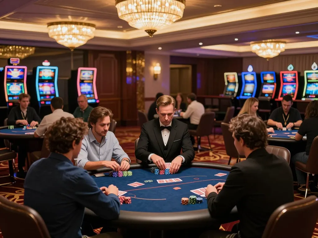 Players engaging in poker games at a casino senza licenza aams, showcasing vibrant atmosphere and strategic gameplay.
