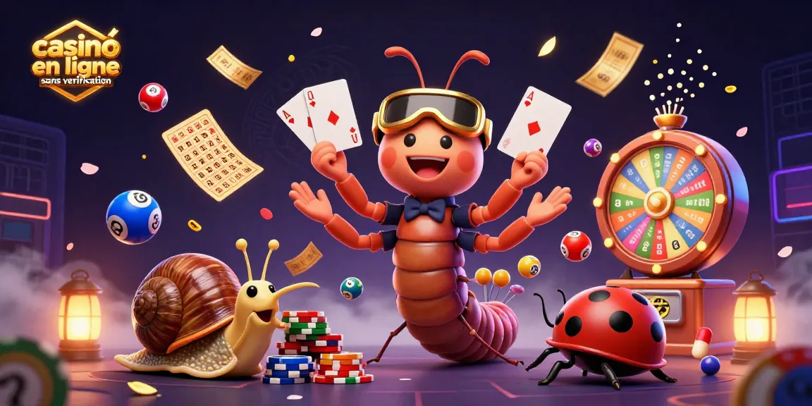 Illustration animée de casino en ligne sans vérification avec un dealer millipède et un joueur limace entourés de billets et machines.
