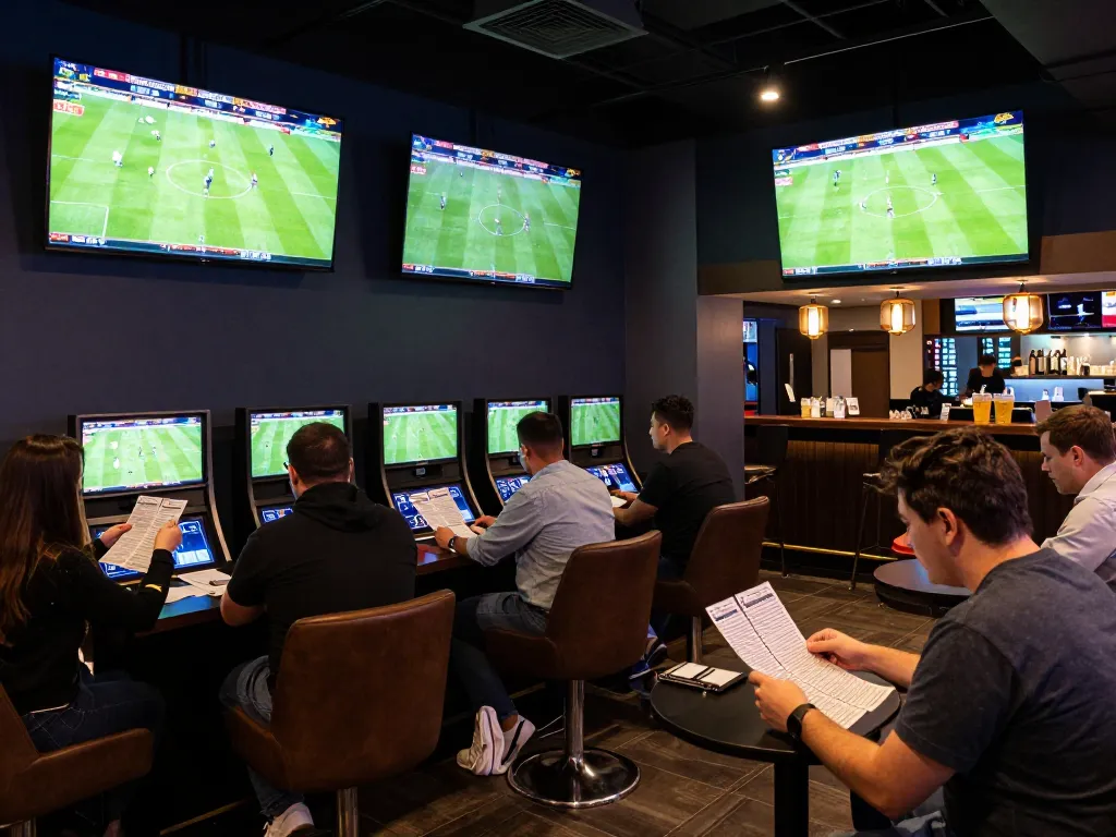 Cakhia TV patrons engaging in thrilling sports betting at a lively lounge with multiple screens