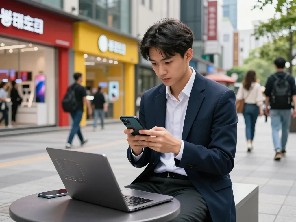 현대 기술과 금융 도구로 가득한 활기찬 도시 거리에서 폰테크 거래를 탐색하는 젊은 전문가.