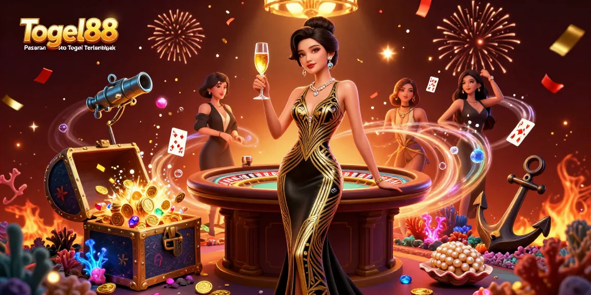 Togel88 Pasaran Toto Togel Terlengkap showcases a glamorous Asian woman amidst dynamic casino elements, celebrating winning moments.
