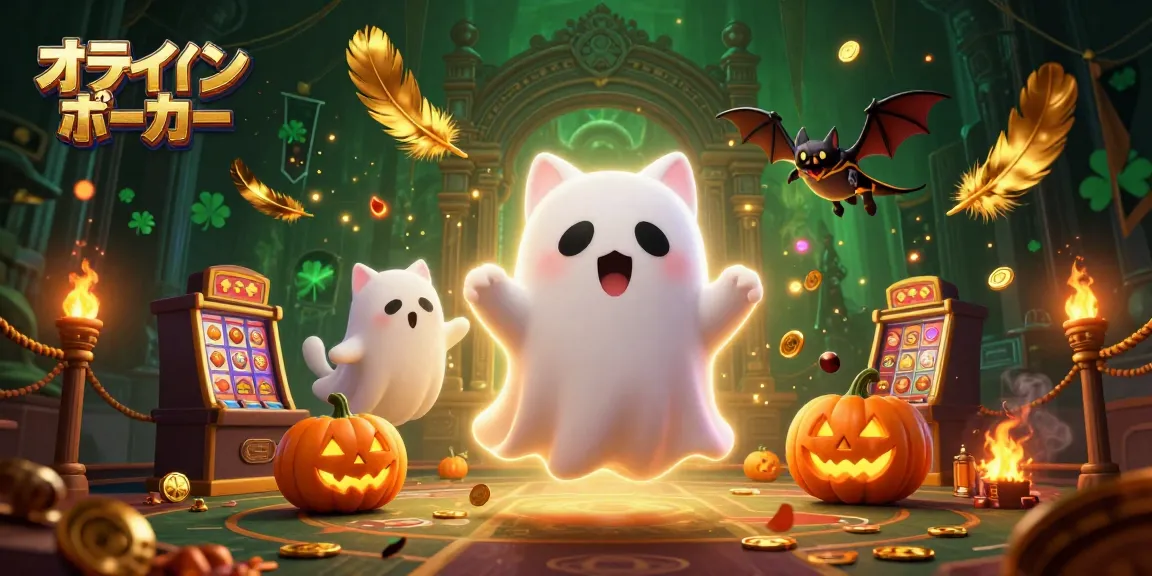オンラインポーカーのハロウィンテーマで、ゴーストキャットとバットが浮かんでいるカジノのシーンを描写