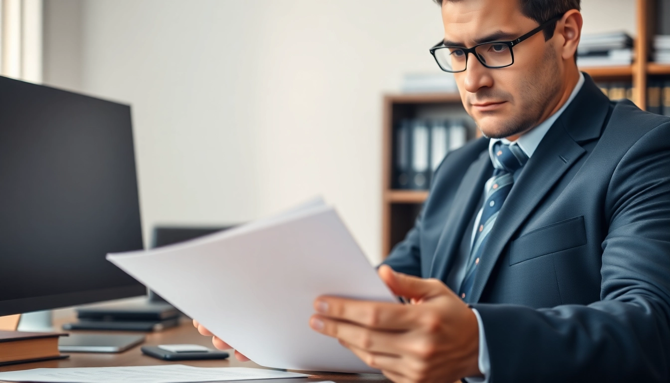 Truck accident attorney Clearwater diligently reviewing case documents in a professional office setting.
