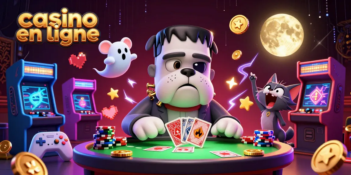 Jouez à casino en ligne avec un bouledogue Frankenstein et un chaton loup dans une scène animée.