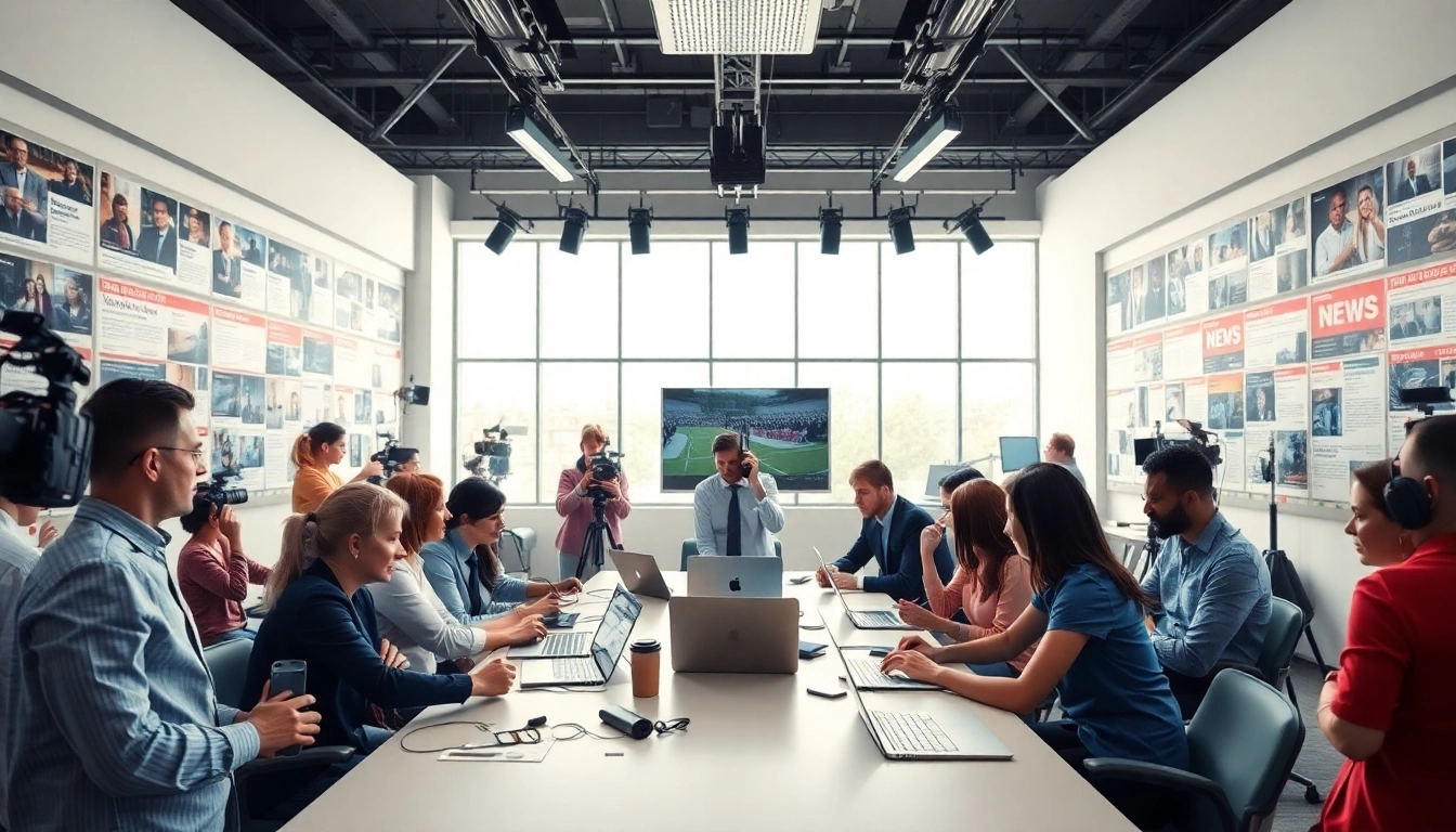 Journalists working together to report the latest news in a vibrant newsroom.