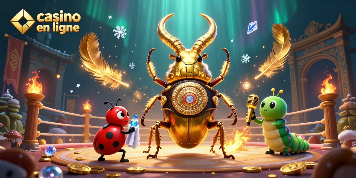 Un combat captivant dans un casino en ligne animé avec un scarabée géant doré et des jetons de jeux.