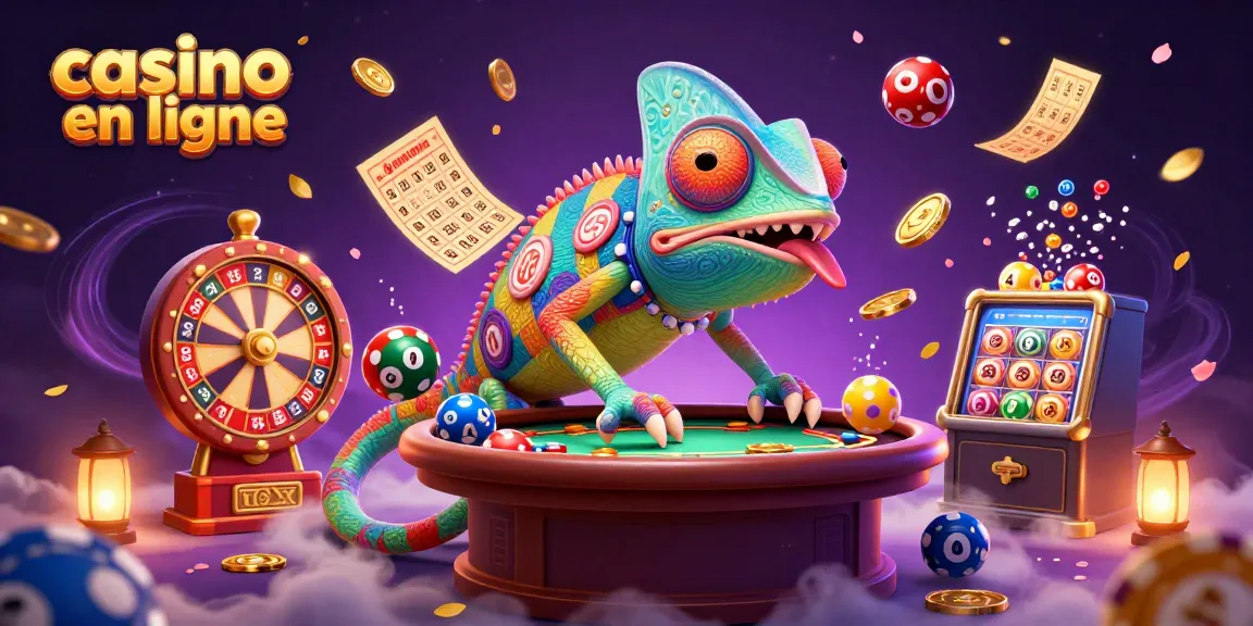 Le casino en ligne animé avec un caméléon propriétaire dynamique attrapant des pièces d'or tout en surveillant les tables de jeu.