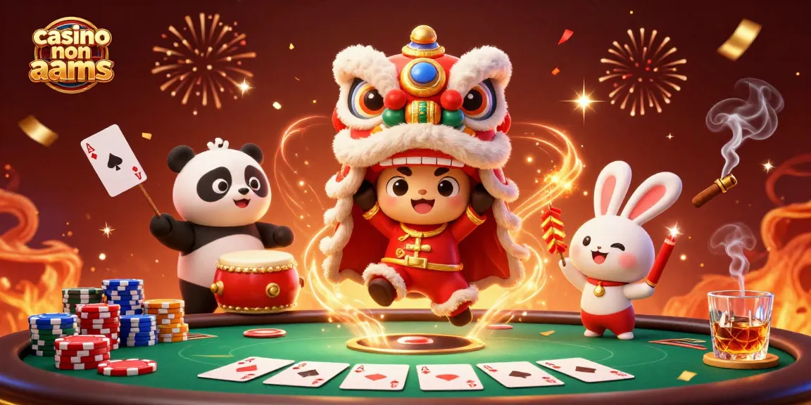 Il casino non aams offre un'illustrazione dinamica con personaggi festivi e tavoli da poker assortiti.