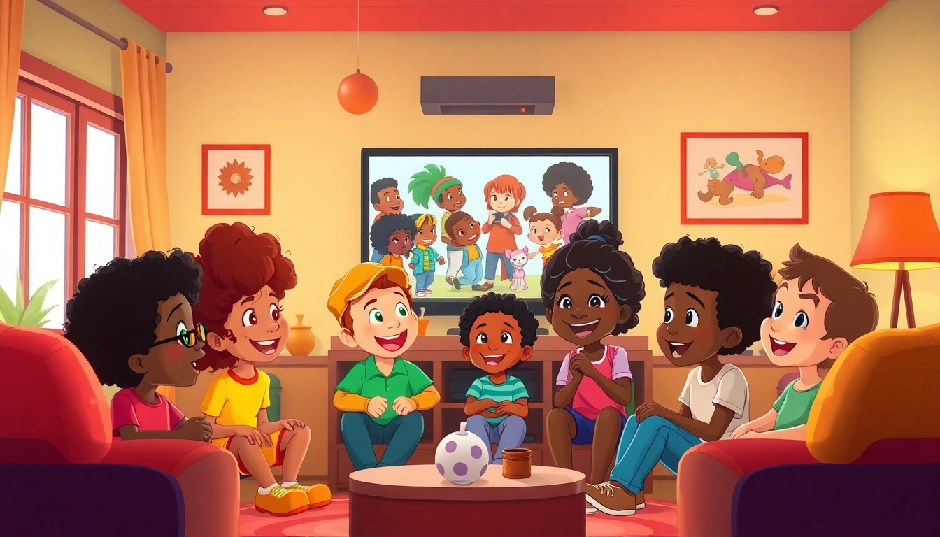 A group of children enjoying African American Cartoons in a cozy living room setting, promoting diversity and joy.