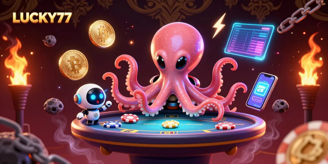 Play to win with LUCKY77 at the vibrant alien poker table surrounded by cosmic elements.