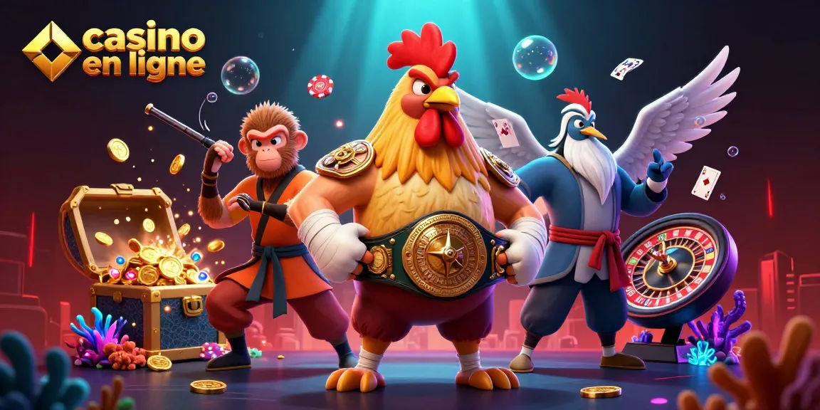 Visitez notre casino en ligne avec l'illustration d'un coq Muay Thai et une ambiance dynamique.
