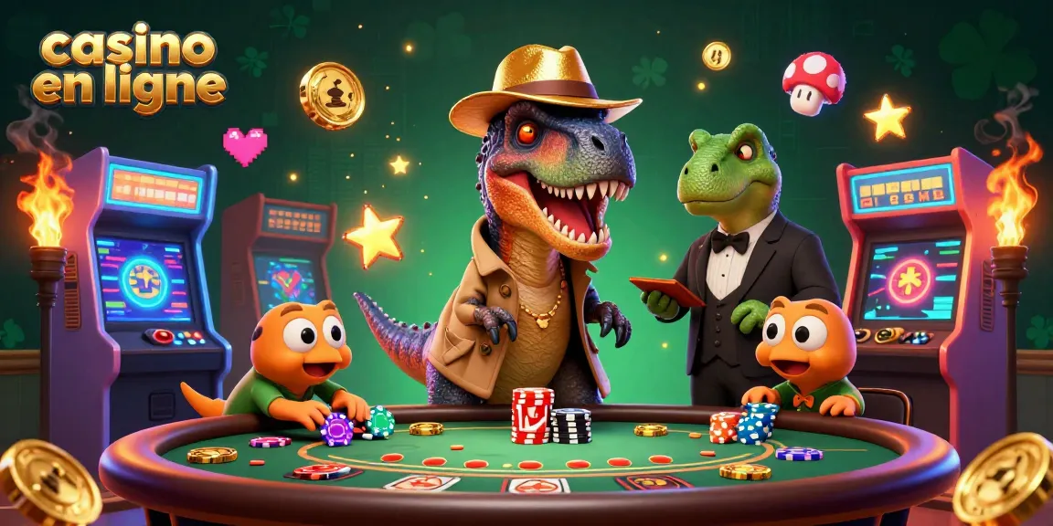 Le velociraptor discret se mêle aux jeux de casino en ligne, entouré de machines colorées.