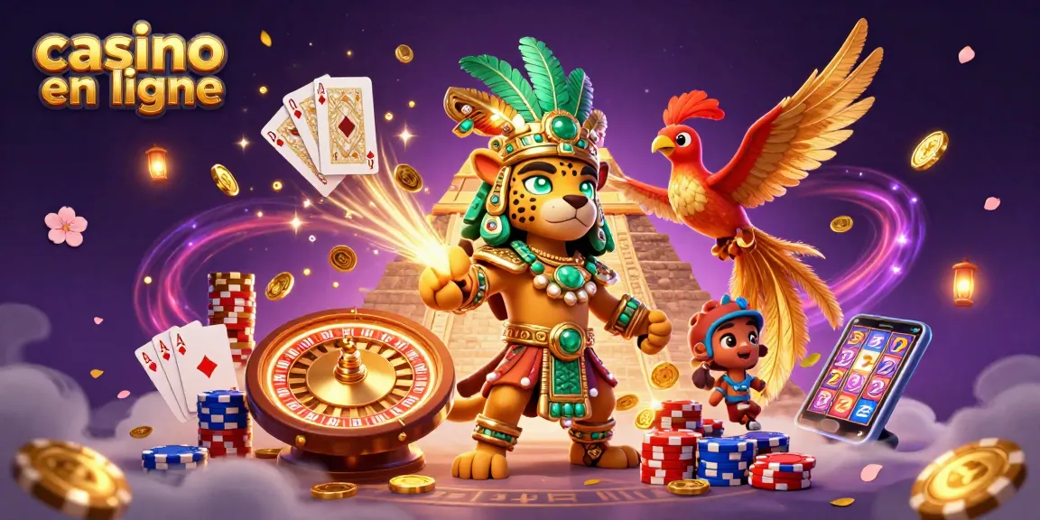 Découvrez l'excitation du casino en ligne avec un prêtre jaguar maya et un oiseau quetzal parmi des jetons et des jeux de roulette.