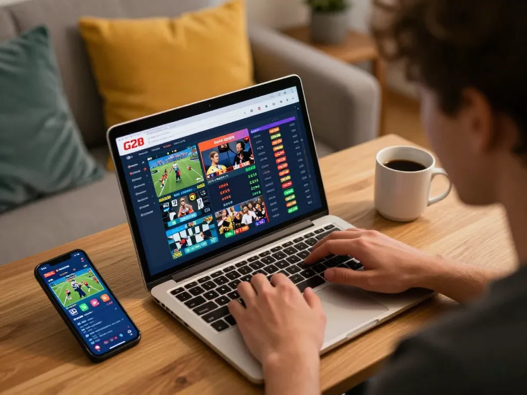 G28 user engaged in strategic online sports betting at home, showcasing betting app interface and cozy environment.