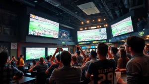 해외축구중계를 즐기는 현대적인 스포츠바에서의 팬들 모습
