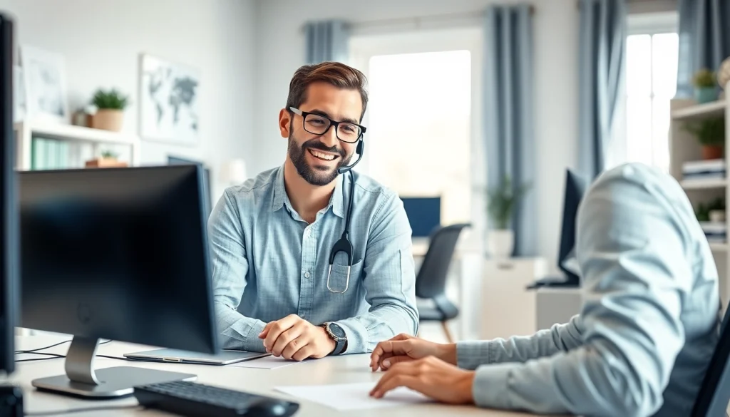 Residential IT support technician assisting a client in a modern home office setting.
