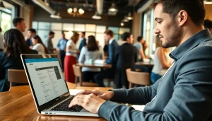 Job seeker browsing for free job post chicago opportunities in a lively café.