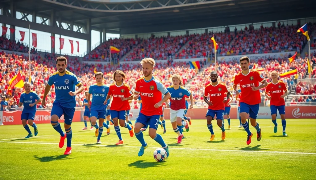 Exciting soccer players showcasing their new Team kit during a vibrant practice session.