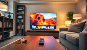 Engaging iron IPTV streaming setup in a cozy living room with a flat-screen TV and ambient lighting.
