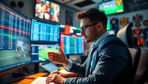 Evaluate the best sports betting sites in Brazil with a focused analyst in a vibrant office.