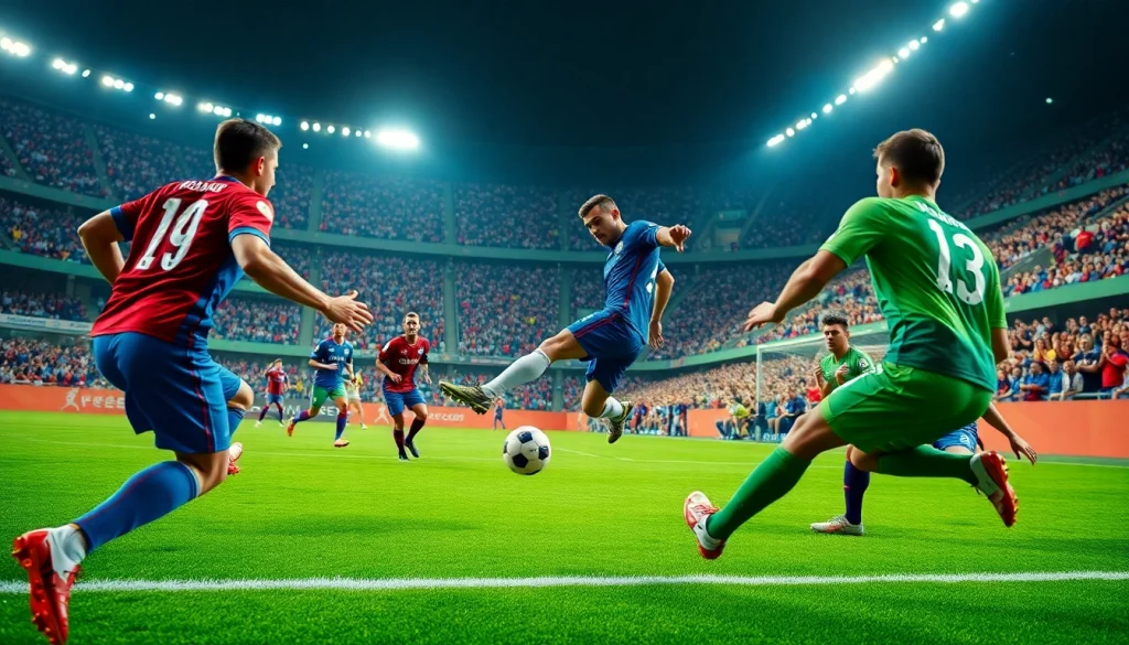 축구중계에서 스포트라이트를 받은 선수들이 골을 차는 모습.