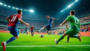 축구중계에서 스포트라이트를 받은 선수들이 골을 차는 모습.