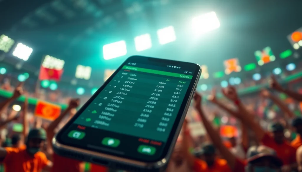 Showcasing sports betting apps India on a smartphone in a vibrant sports atmosphere.