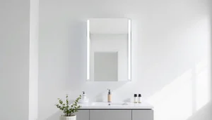 sonni Spiegelschrank im eleganten Badezimmer mit LED-Beleuchtung und modernen Designelementen.