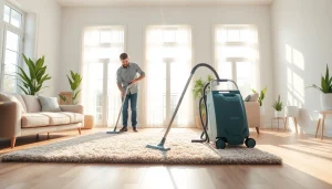 Cleaning Service with a professional cleaner vacuuming a bright, organized living room, showcasing cleanliness.