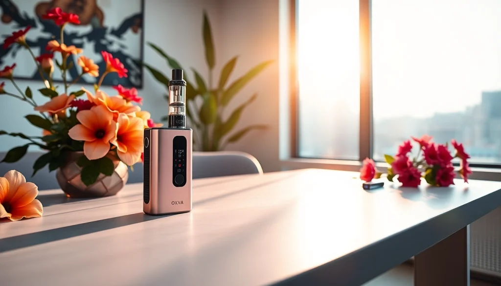 Oxva Verdampfer auf modernem Schreibtisch mit lebhaften Blumenarrangements.