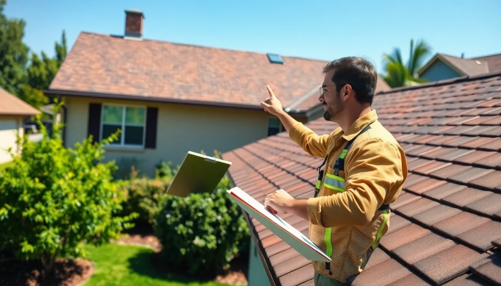 Offering reliable roofing services with an expert inspecting a residential roof in a sunny neighborhood.