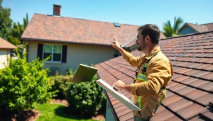 Offering reliable roofing services with an expert inspecting a residential roof in a sunny neighborhood.