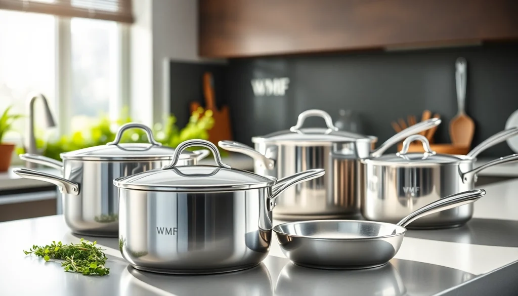 Showcasing WMF cookware NZ with elegant design and polished surfaces on a kitchen countertop.