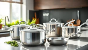 Showcasing WMF cookware NZ with elegant design and polished surfaces on a kitchen countertop.