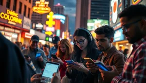 Engaged individuals using sports betting sites Oklahoma mobile apps against a vibrant urban backdrop.