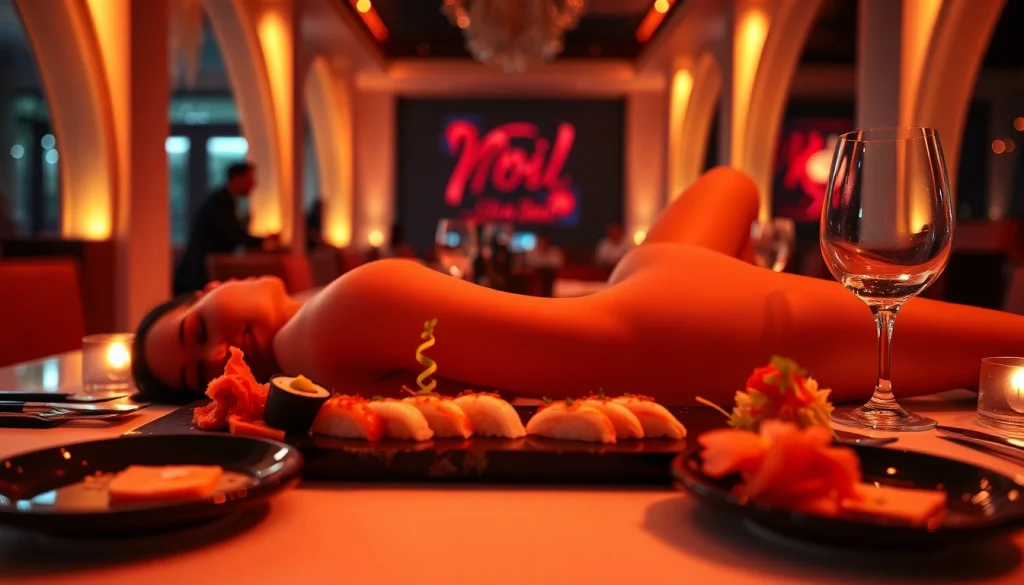 Body sushi elegantly presented on a model at Club Noir, highlighting luxury dining experience in St. Martin.