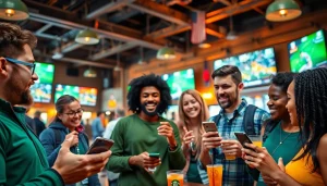 Engaged players discussing sports betting sites Canada at a lively sports bar.