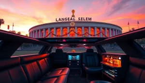 World Cup Group Transportation featuring a luxurious limousine in front of LA Memorial Coliseum with festive decorations.