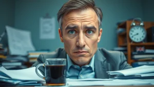 Illustration of a person facing brain fog, detailing expression and office chaos for better understanding.