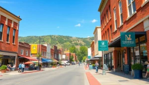 Visitors enjoying Clarksburg's vibrant downtown atmosphere with historical buildings and shops.